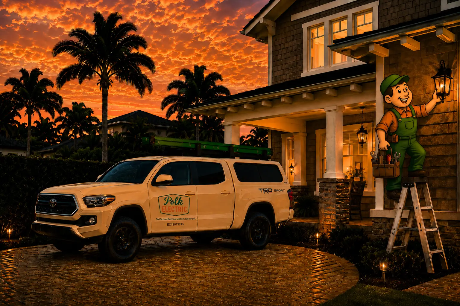 Polk Electric service truck and mascot at a Lakeland home during a warm sunset